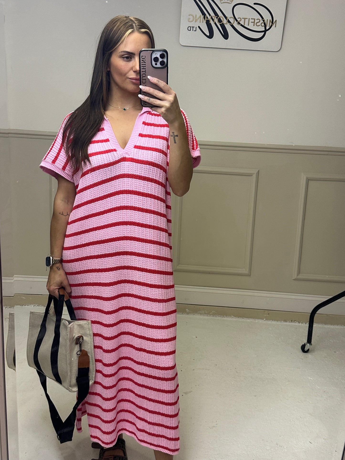 Stripe Knit V Neck Collar Maxi Dress (4 Colours)