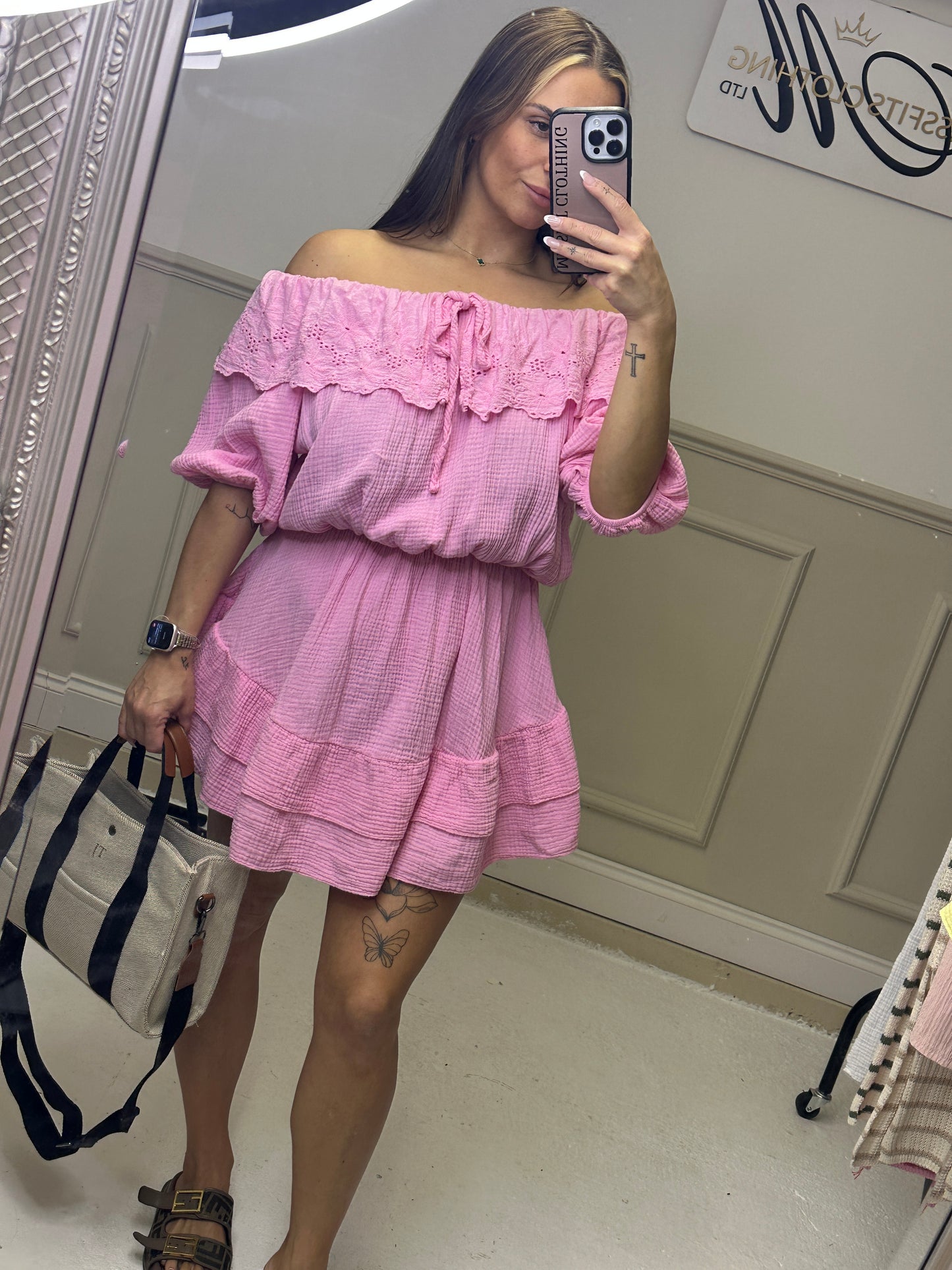 Flower Anglaise Detail Bardot Cheesecloth Dress (5 Colours)