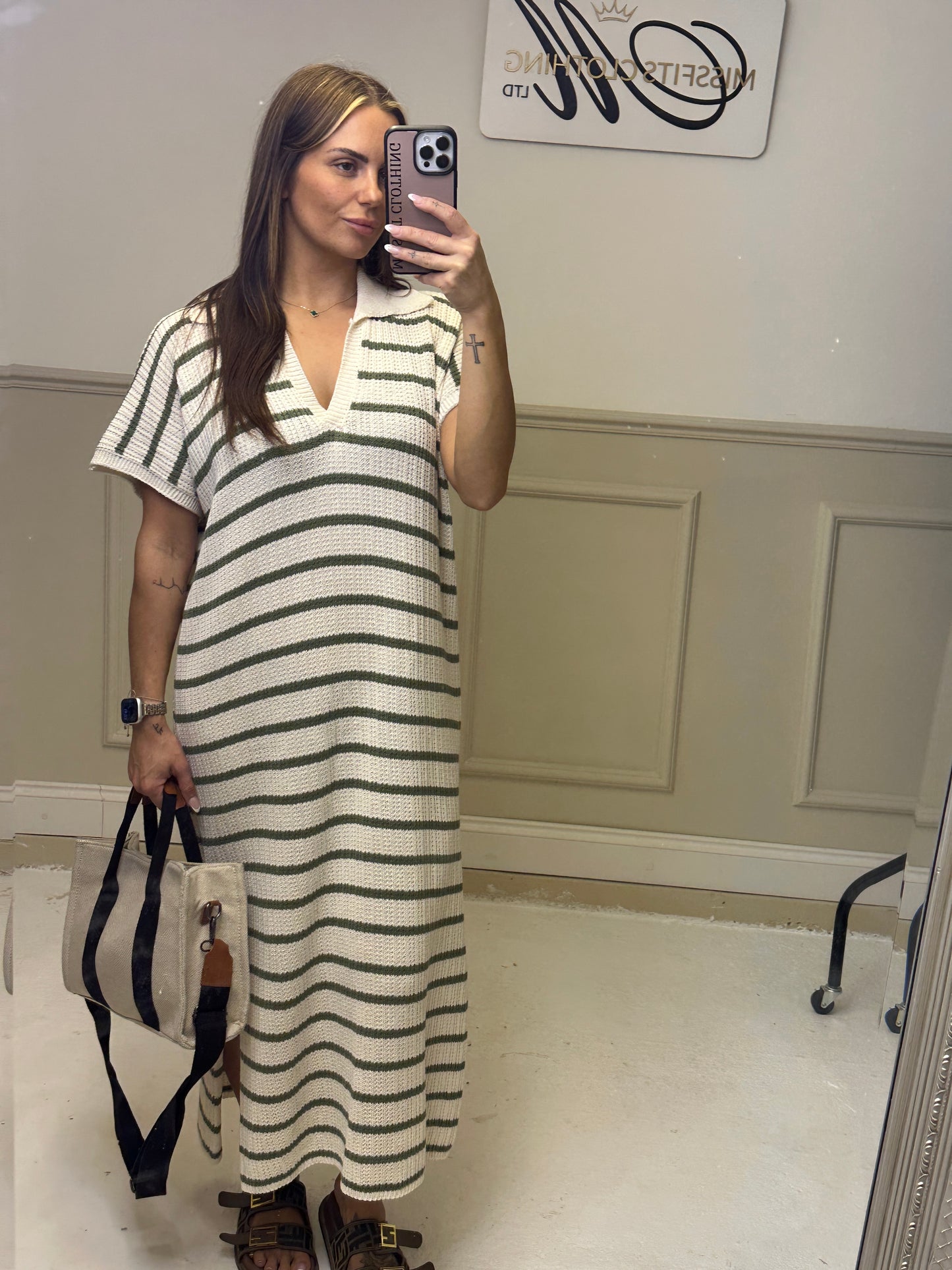 Stripe Knit V Neck Collar Maxi Dress (4 Colours)