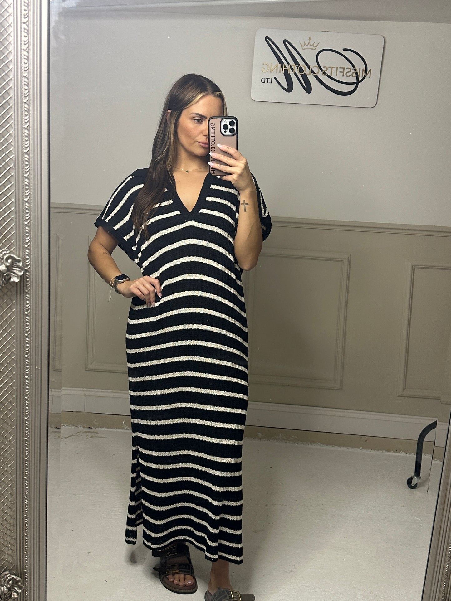 Stripe Knit V Neck Collar Maxi Dress (4 Colours)