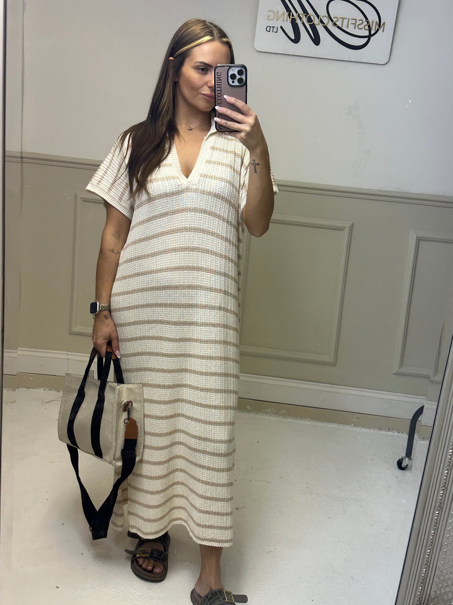 Stripe Knit V Neck Collar Maxi Dress (4 Colours)