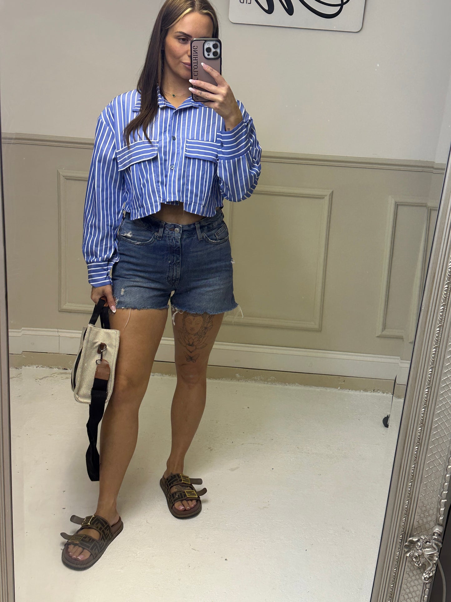 Blue Pin Strip Crop Shirt